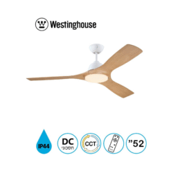 מאוורר תקרה "52 - JESSICA - שלושה להבים - צבע לבן/דמוי עץ אלון, מנוע DC, כולל שלט + תאורה WESTINGHOUSE - 73169-2848 - IP44 - CCT-3 28W